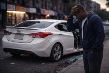 Man standing beside his stolen Hyundai with a broken window and missing license plate on a city street.