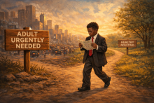 A Black child in an oversized suit choosing between forced adulthood and healthy adulting at a crossroads.