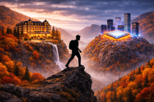 Silhouette of a person walking between two mountain peaks with fall foliage, one featuring a luxury hotel and the other a modern tech hub, symbolizing a career transition from hospitality to technology.
