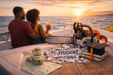 Couple relaxing on a boat after paying off student loans with shredded student loan papers, chainsaw, and graduation cap symbolizing financial freedom