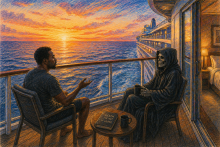 Colored pencil illustration of a Black man on a cruise balcony talking with death at sunset over the ocean, symbolizing reflection on mortality, meaning of life, and human connection.