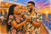     Son dancing with his mother on a cruise ship deck at sunset, capturing a joyful moment from her first real vacation and their evolving relationship.