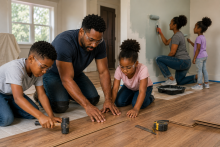 family working together on a home renovation project, with a father, son, and daughter installing laminate flooring while a mother and daughter paint a wall, demonstrating shared responsibility and teamwork.