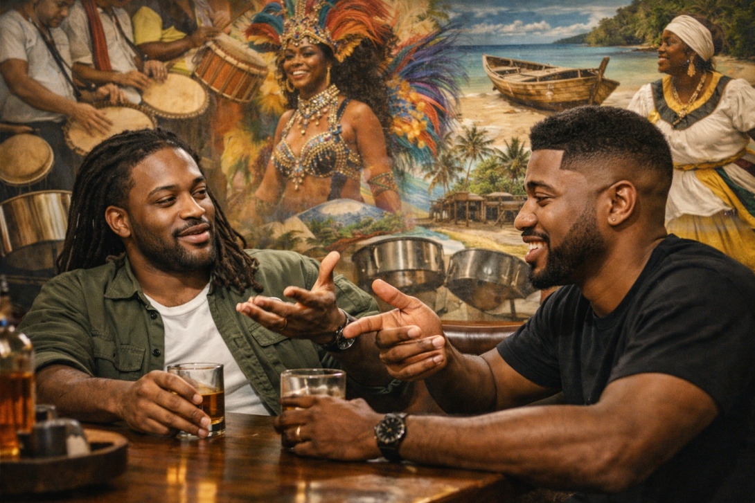 Two Black men in conversation at a bar, gesturing openly while discussing life and culture, with Caribbean imagery blended in the background.