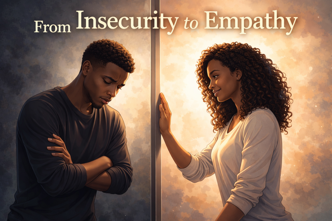 Illustration of two Black adults separated by a mirror representing emotional growth and empathy