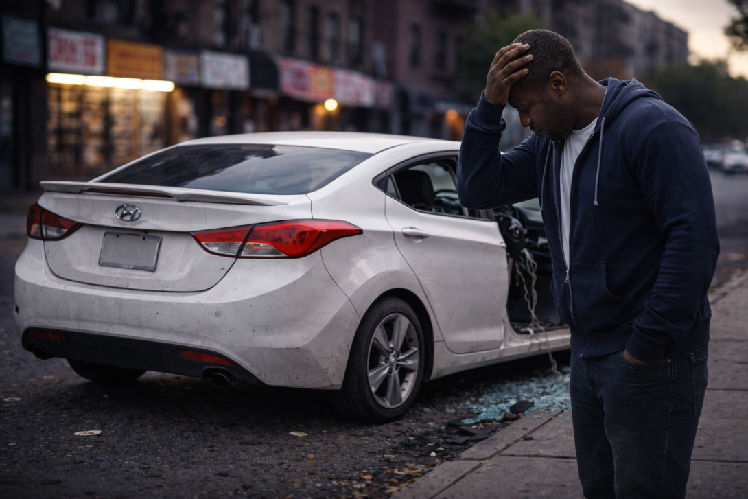 Man standing beside his stolen Hyundai with a broken window and missing license plate on a city street.