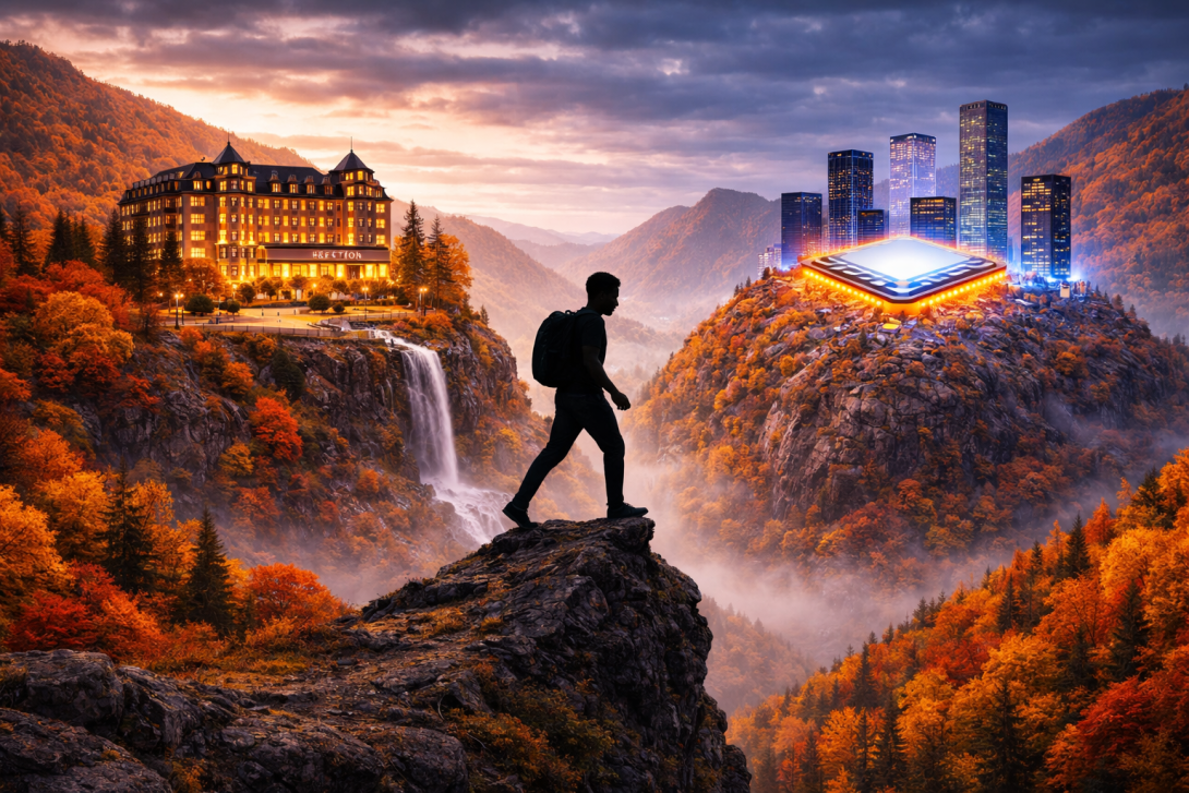 Silhouette of a person walking between two mountain peaks with fall foliage, one featuring a luxury hotel and the other a modern tech hub, symbolizing a career transition from hospitality to technology.