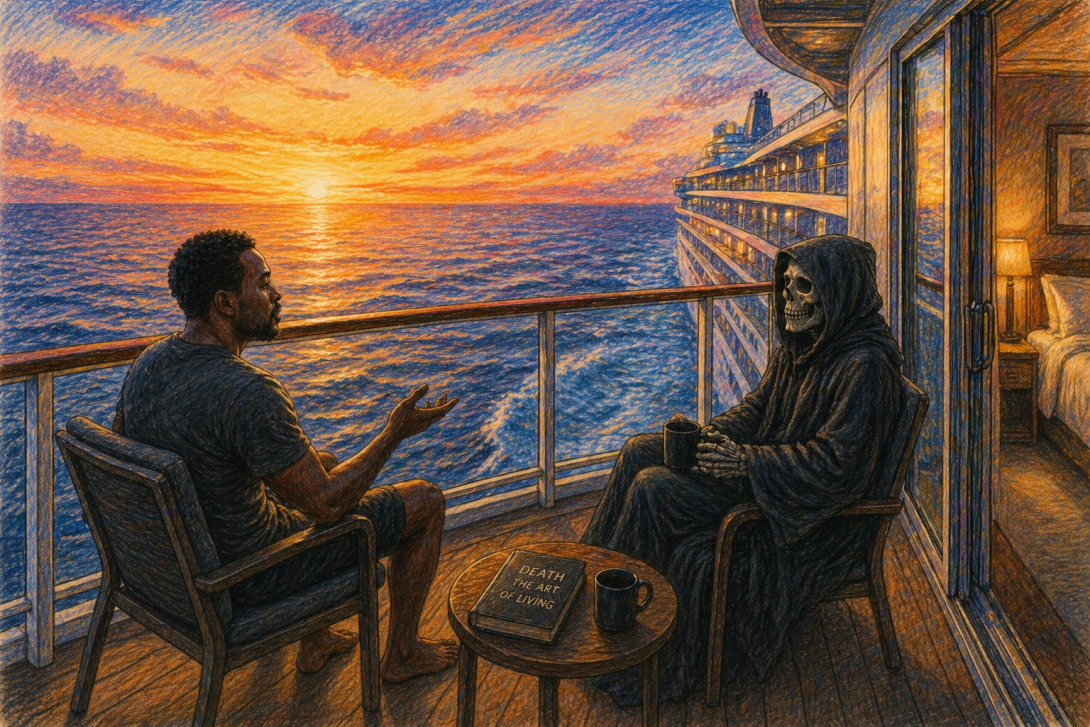 Colored pencil illustration of a Black man on a cruise balcony talking with death at sunset over the ocean, symbolizing reflection on mortality, meaning of life, and human connection.